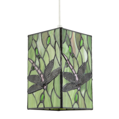Happy Homewares Green/Light Stained Glass Dragonfly Rectangular Tiffany Pendant Shade 20Cm
