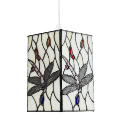 Happy Homewares White/Light Stained Glass Dragonfly Rectangular Tiffany Pendant Shade 20Cm