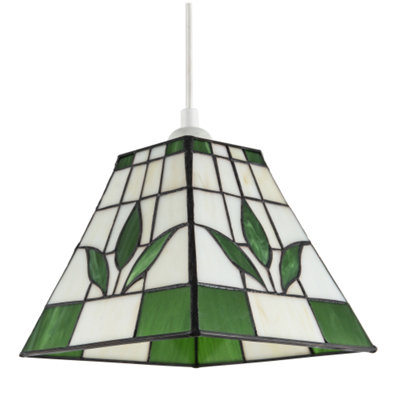 Happy Homewares Square And Stained Glass Tiffany Pendant Lighting Shade Green/Amber