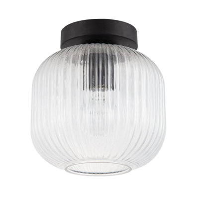 Happy Homewares Contemporary Matte Black Ceiling Light With Clear Ribbed Glass Shade