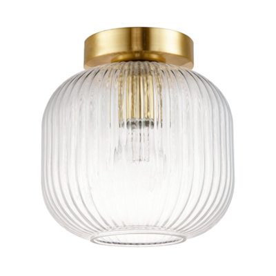 Happy Homewares Contemporary Satin Gold Ceiling Light With Clear Ribbed Glass Shade