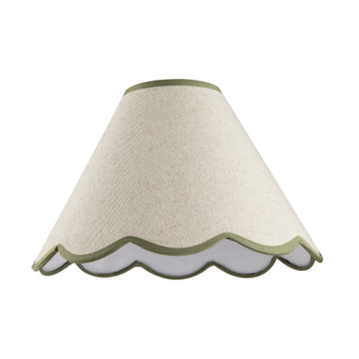 Happy Homewares Green/Beige/White Scallop Edge Natural Textured Linen Coolie Lamp Shade With Olive Trims 20Cm