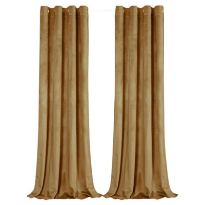 Happy Homewares Ochre Mustard Velvet Darkening Eyelet Curtain Pair46X63 Inch Drop from B&Q