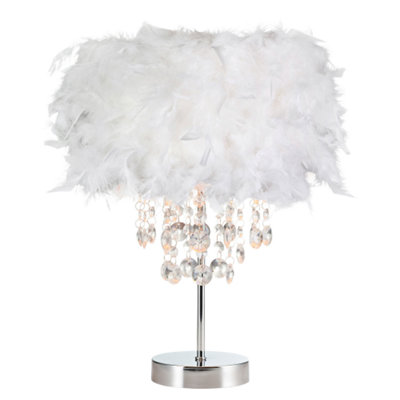 Happy Homewares White Chandelier Style Feather Table Lamp With Waterfall Drops 42Cm