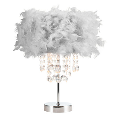 Happy Homewares Grey Chandelier Style Soft Feather Table Lamp With Waterfall Drops 42Cm