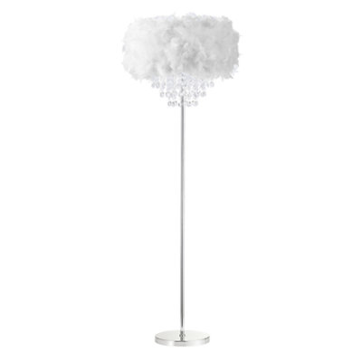 Happy Homewares White Modern Chandelier Style Feather Floor Lamp With Waterfall Drops 145Cm