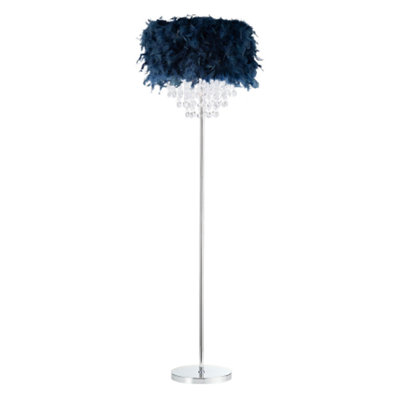 Happy Homewares Blue Chandelier Style Midnight Feather Floor Lamp With Waterfall Drops 145Cm