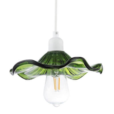 Happy Homewares Green/Light Designer Ribbed Emerald Glass Pendant Shade With Wavy Ruffled Edge 6Cm