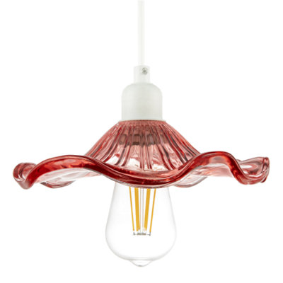 B&Q -  Designer Ribbed Rose Pink Glass Pendant Shade With Wavy Ruffled Edge