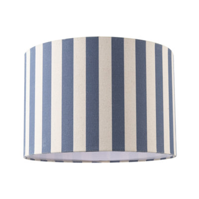 Happy Homewares Blue Amparo And Oatmeal Linen Striped Drum Lampshade With Fabric Inner 20Cm