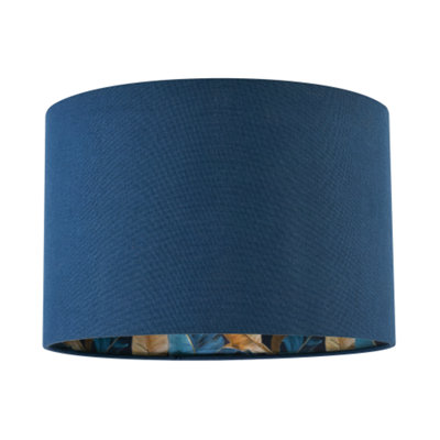 Happy Homewares Blue Modern Midnight Linen Lamp Shade With Leaf Floral Pattern Lining 20Cm