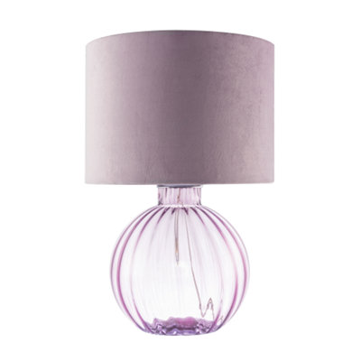 Happy Homewares Contemporary Lilac Ribbed Glass Table Lamp With Velvet Fabric Shade