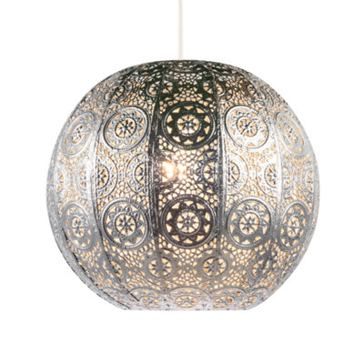 Happy Homewares Spherical Vintage Moroccan Pendant Lamp Shade In Shiny Silver Metal from B&Q