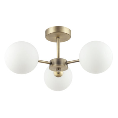 Happy Homewares Contemporary Antique Brass Ceiling Lamp With Opal Globe Glass Shades from B&Q