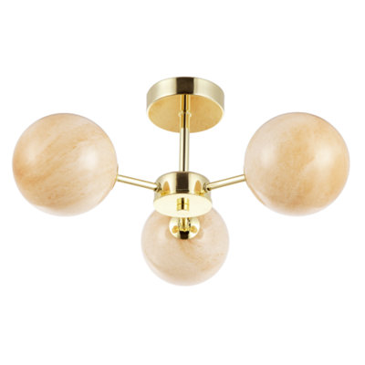 B&Q -  Designer Polished Gold Ceiling Light With Amber Marble Glass Shades