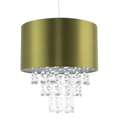 Happy Homewares Green Modern Olive Satin Fabric Pendant Shade With Clear Acrylic Drops 17Cm