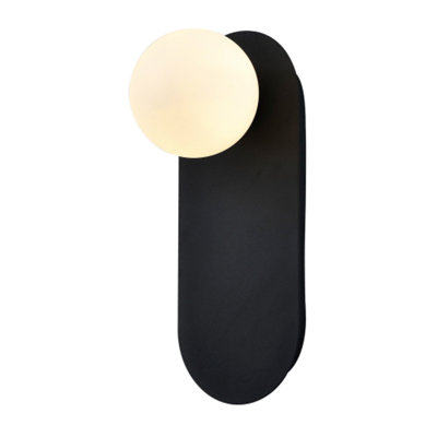 B&Q -  Matte Sand Black Led Wall Light With Opal White Spherical Glass Shade