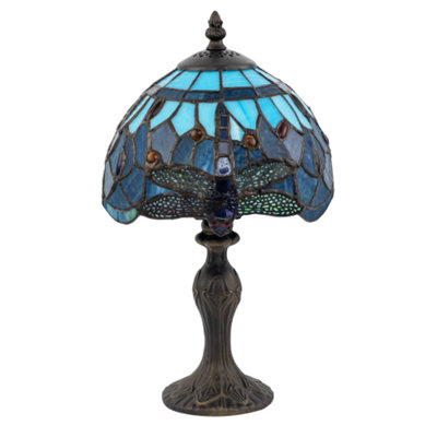 Happy Homewares Sky Blue Handmade Midnight And Stained Glass Dragonfly Tiffany Lamp 36Cm
