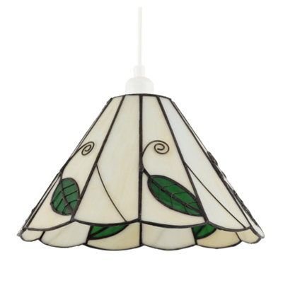 B&Q -  Chic Floral Tiffany Glass Pendant Light Shade With Ornate Green Leaves