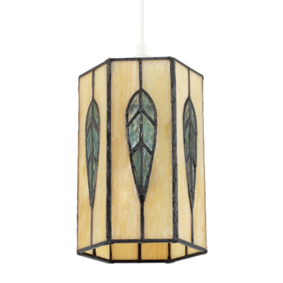 Happy Homewares Light/Green Hexagonal Tiffany Pendant Shade With Emerald Leaf Decor 18Cm