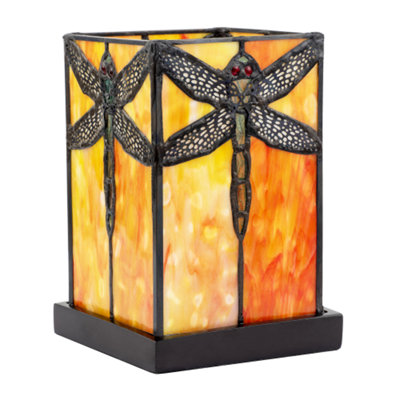 Happy Homewares Orange Amber Toned Tiffany Stained Glass Lamp With Dragonfly Decor from B&Q