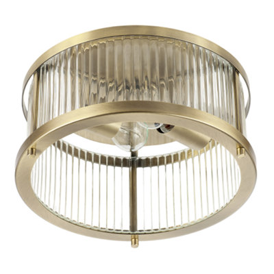 B&Q -  Sleek Matte Antique Brass Flush Ceiling Light With Ribbed Clear Glass