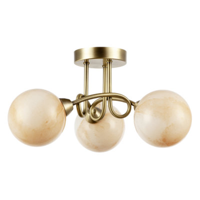 B&Q -  Modern Antique Brass Ceiling Light With Amber Marble Glass Shades