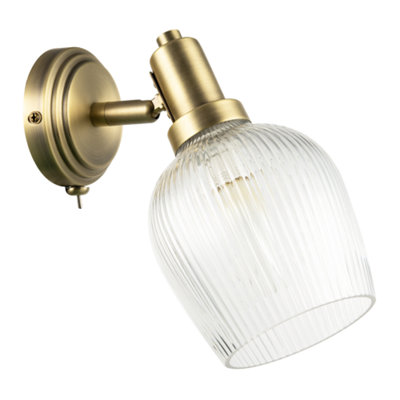 Happy Homewares Classy Antique Brass Switched Wall Light With Clear Ribbed Glass Shade from B&Q