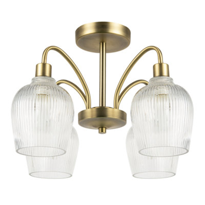 Happy Homewares Light Classy Antique Brass Ceiling With Clear Ribbed Glass Shades 31Cm B&Q