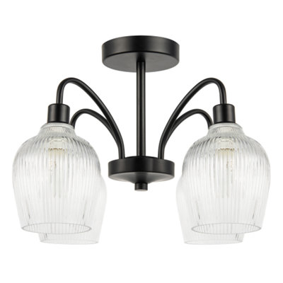 Happy Homewares Black/Light Classy Matte Ceiling With Clear Ribbed Glass Shades 31Cm B&Q