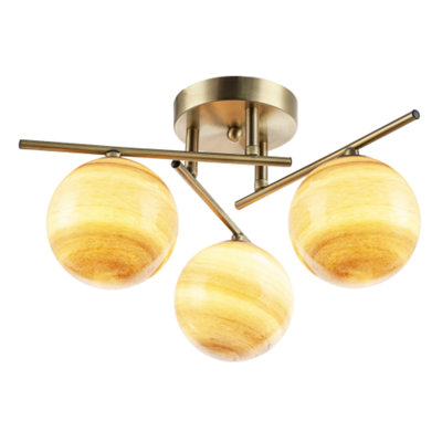Happy Homewares Modern Antique Brass Ceiling Light With Amber Tone Marble Glass Shades from B&Q