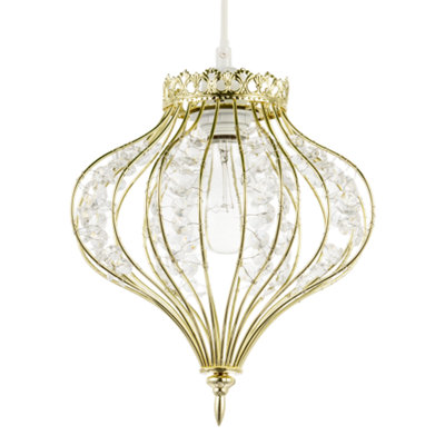 B&Q -  Unique Teardrop Shiny Gold Pendant Lamp Shade With Clear Acrylic Beads