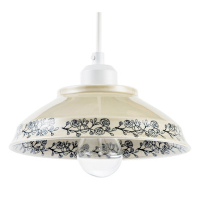B&Q -  Cream Gloss Ceramic Pendant Light Shade With Navy Blue Floral Design