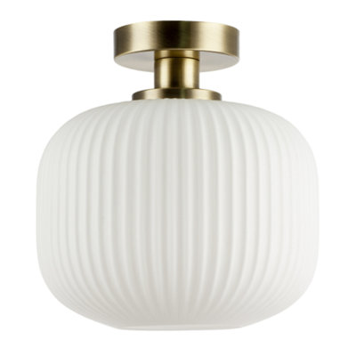 Happy Homewares Antique Brass Bathroom Ceiling Light With Opal Ribbed Glass Shade from B&Q