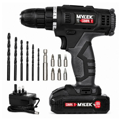 Mylek 18V Cordless Li-Ion Drill And 13 Piece Accessory Set