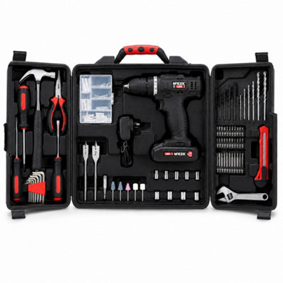 Mylek 18V Cordless Li-Ion Drill And 130 Piece Diy Home Kit With Carry Case
