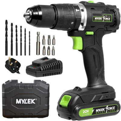 Mylek Cordless Li-Ion Drill 20V Brushless Driver Impact Hammer Action Combi Set With 2.0Ah Battery And Fast Charger from B&Q