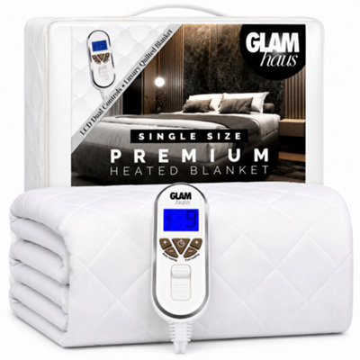 Glamhaus Single Size Electric Blanket - Fitted Mattress Bed Cover - Diamond Quilted - Settings For Feet And Body, Timer White