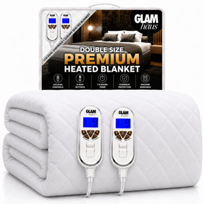 Glamhaus White Double Size Electric Blanket - Fitted Mattress Bed Cover - Diamond Quilted - Settings For Feet And Body, Timer