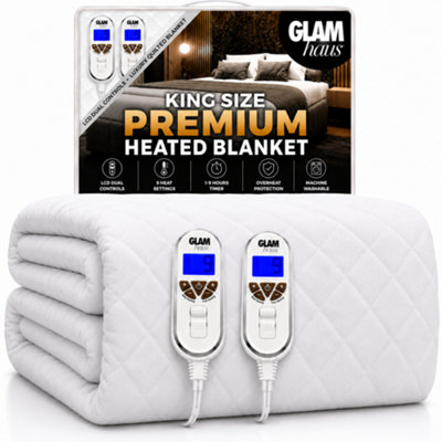 Glamhaus King Size Electric Blanket - Fitted Mattress Bed Cover - Diamond Quilted - Settings For Feet And Body, Timer White