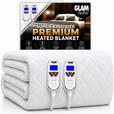 Glamhaus White Super King Electric Blanket - Fitted Mattress Bed Cover - Diamond Quilted - Settings For Feet And Body, Timer