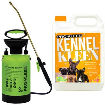 Pro-Kleen 3L Pump Sprayer With Pro-Kleen 5L Kennel Kleen Lemon For CatteriesHutchesAviariesPatiosArtificial Grass