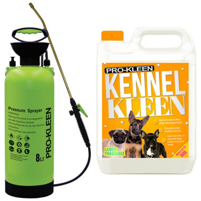 Pro-Kleen 8L Pump Sprayer With Pro-Kleen 5L Kennel Kleen Lemon For CatteriesHutchesAviariesPatiosArtificial Grass