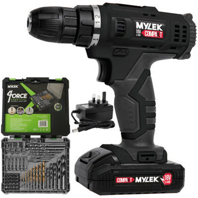 18V Cordless Drill Electric Screwdriver Set Lithium Ion Battery Pack 18 Volts Combi Driver With Mylek 4Orce 50-Piece Kit from B&Q