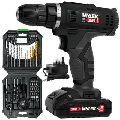 18V Cordless Drill Electric Screwdriver Set Lithium Ion Battery Pack 18 Volts Combi Driver With Mylek 4Orce 56-Piece Kit from B&Q