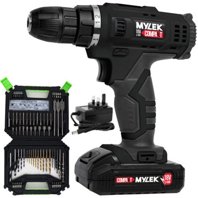18V Cordless Drill Electric Screwdriver Set Lithium Ion Battery Pack 18 Volt Combi Driver With Mylek 4Orce 128-Piece Kit from B&Q