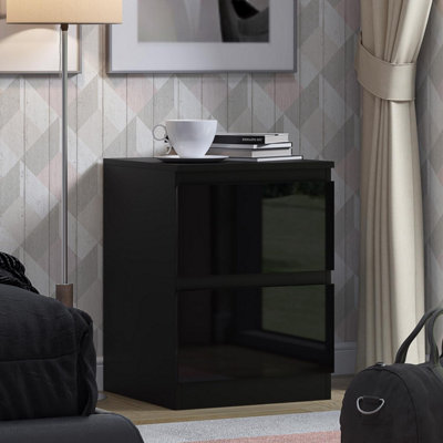 Fwstyle Gloss Bedside Chest Table 2 Drawer 40% Extra Storage Black