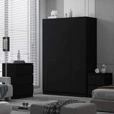 Fwstyle 3 Door Gloss Triple Wardrobe Scratch Resistant Push To Open Soft Closing Black