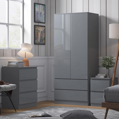 Fwstyle Unisex Grey Stora 2 Door 2 Drawer Wardrobe Gloss (H) 180.5 (W) 80 (D) 50Cm - Image 8