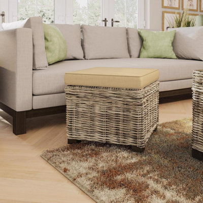 FWStyle Solid Pine Rattan Padded Storage Ottoman Stool in Brown - Image 6